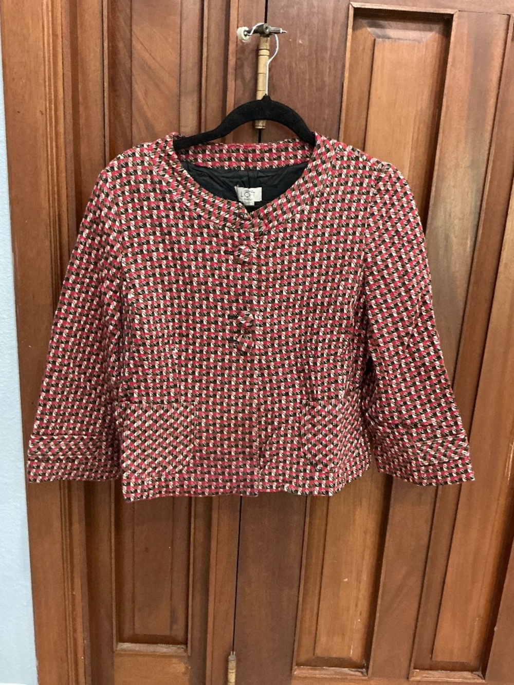 LOFT Ann Taylor: Red Multi Houndstooth Plaid Textured Tweed Crop Jacket